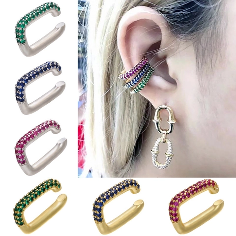 Ear Cuff Rettangolare Geometrico Ottone Placcato Oro Micro Pave Zirconia Orecchini Senza Buco Per Donna