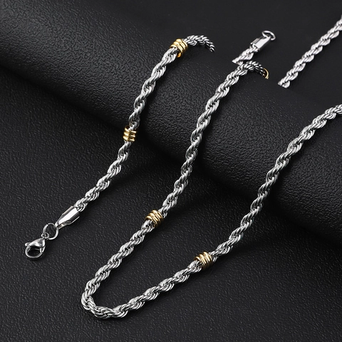 Twisted Rope Chain Necklace And Bracelet Stainless Steel Two Tone Silver Gold Beads Jewelry Fashion For Women Men