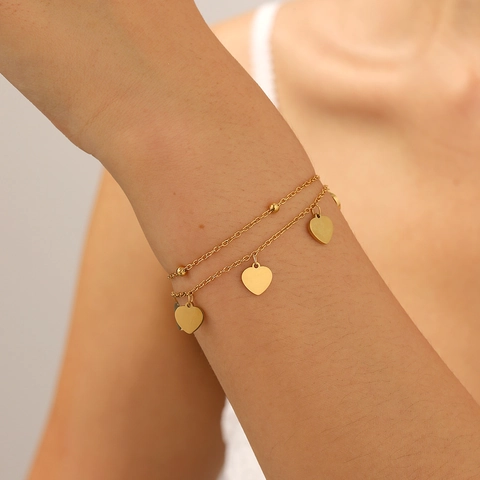Stainless Steel Double Layer Heart Bracelet Gold Plated Multiple Pendants Elegant Minimalist Jewelry For Women
