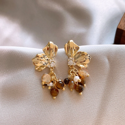 Orecchini Pendenti Vintage A Fiore Con Perno In Argento Occhio Di Tigre Zircone Perla Artificial Accessori Retro Boho