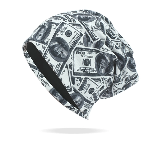 100 Dollar Bill Print Beanie Hat Cotton Polyester Blend Slouchy Skull Cap Hip Hop Streetwear For Men Women