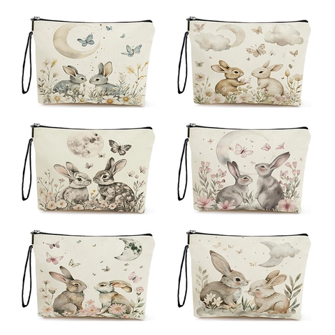 Bolsa De Maquillaje Estampado Conejo De Pascua Lino Estuche Con Cremallera Neceser Con Correa De Muñeca Vintage Organizador Mujeres