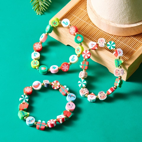 Bracelets À Perles De Noël Argile Polymère Alliage Père Noël Bonhomme De Neige Motif Flocon Élastique Bijoux Femmes Filles