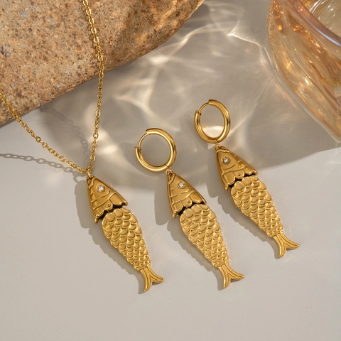 Collana E Orecchini Pesce Koi Acciaio Inossidabile Zircone Intarsiato Forma Animale Oro Moda Gioielli Vacanza Donne