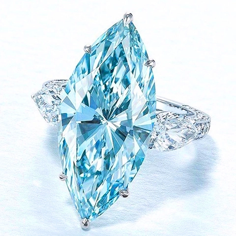 Marquise Cut Light Blue Zircon Ring Copper Three Stone Wedding Engagement Jewelry For Women Elegant Silver Color