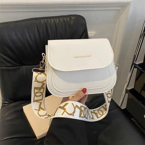 Women Crossbody Bag PU Leather Croco Embossed Wide Jacquard Strap Small Square Shoulder Handbag Urban Casual Trendy
