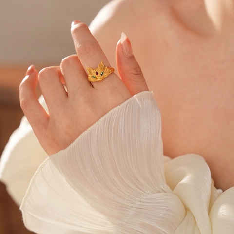 Fuchs Ring Offen 24K Vergoldetes Kupfer Vintage Verstellbar Zirkonia Schmuck Für Damen Luxus Edel