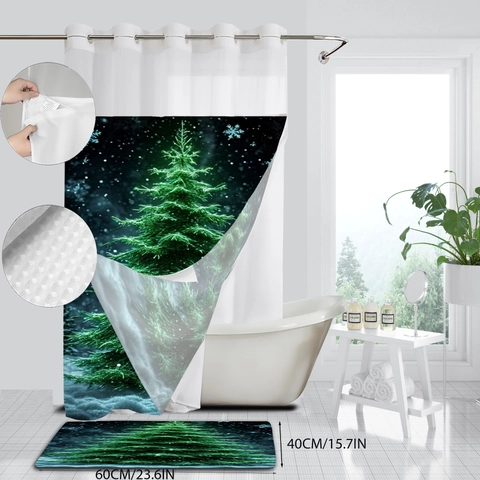Waterproof Polyester Shower Curtain And Matching Bath Mat Christmas Tree Swan Art Print Bathroom Decor With Hooks