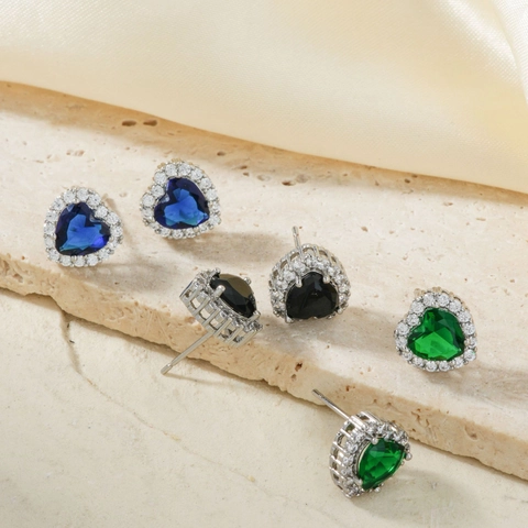 Heart Shaped Stud Earrings Copper Cubic Zirconia Halo Multi Color Elegant Korean Style Jewelry For Women