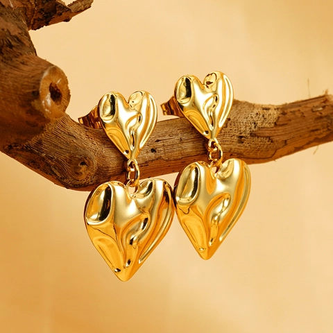 Doppellagige Herz Ohrhänger 18K Vergoldeter Edelstahl Unregelmäßige Textur Flüssiges Metall Stil Schmuck Für Damen