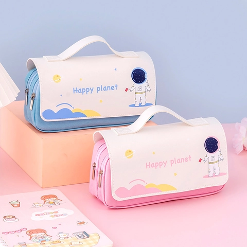 Large Capacity Double Layer Handheld Pencil Case EVA Canvas PU Cartoon Astronaut Space Theme Stationery Pouch Cute School