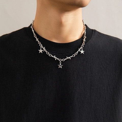 Hip Hop Star Barbed Wire Necklace For Men Silver Color Alloy Punk Style Pentagram Pendant Clavicle Chain Jewelry Gift