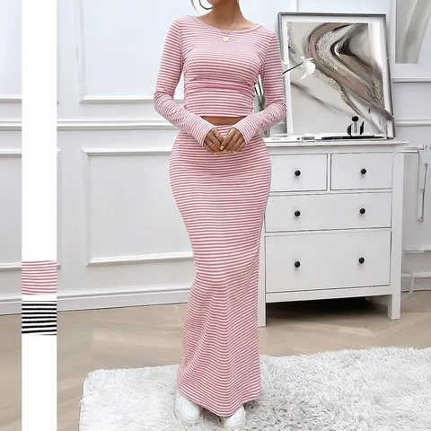 Damen Gestreiftes Crop Top Und Maxi Rock Y2K Rippstrick Langarm Hohe Taille Bodycon Lässige Streetwear