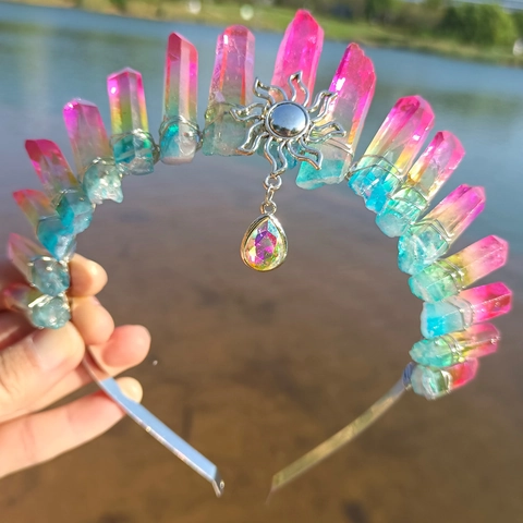 Natural Raw Crystal Crown Tiara Headband With Sun Pendant Bohemian Witchy Wizard Hair Accessory For Women Party