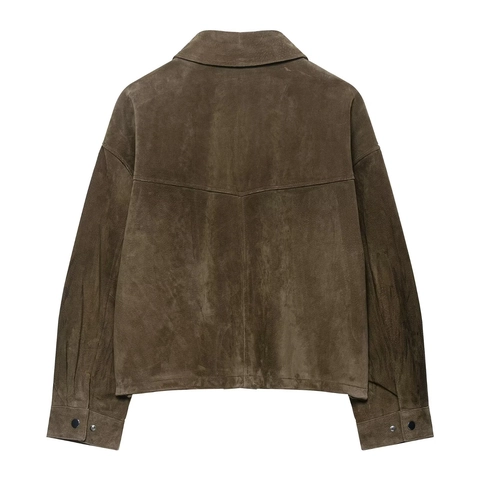 Chaqueta Casual de Ante Sintético para Mujer Solapa Manga Larga Suelta Abrigo Corto Streetwear Con Bolsillos Color Sólido Verde Oliva