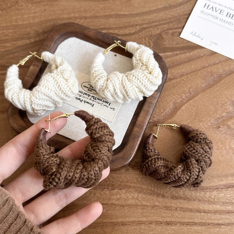 Twisted Crochet Knitted Hoop Earrings With Silver Earring Post Round Vintage Autumn Winter Fashion Jewelry For Women