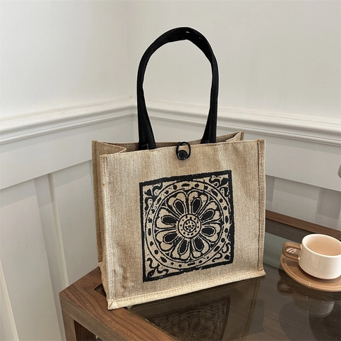 Damen Jute Tragetasche Große Kapazität Ethnische Mandala Bedruckte Handtasche Sackleinen Retro Lässige Shopping Tasche Mit Knopf