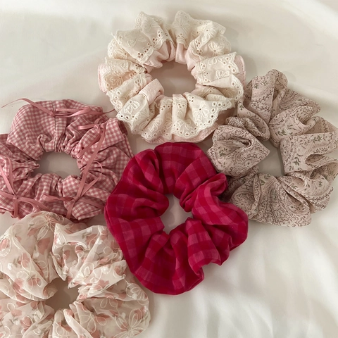 Large Scrunchies Hair Ties Fabric Lace Organza Velvet Floral Plaid Ruffled Elastic Elegant Korean Style Women Hair Accessories