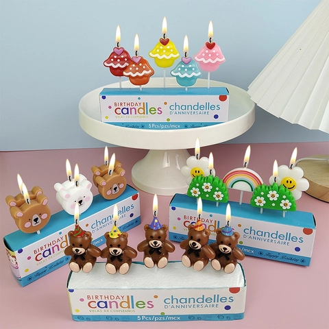 Cute Cartoon Animal Birthday Cake Candles Wax Decorative Party Celebration Smile Face Bear Heart Rainbow Shape Kawaii
