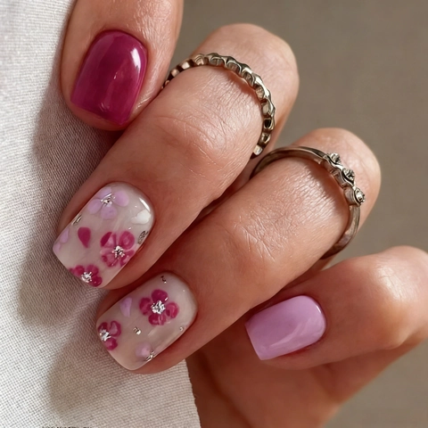 Uñas Postizas Press On Cuadradas Cortas ABS Brillante Patrón Flores Pequeñas Elegante Simple Moda Manicura