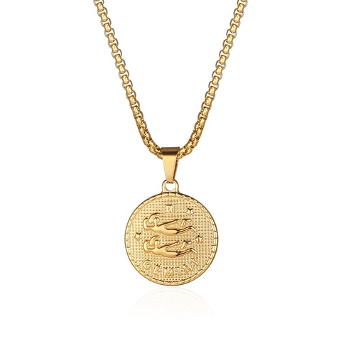 Collar Colgante Constelación Signos Del Zodíaco Acero Inoxidable Moneda Relieve Cadena Box Joyería Vintage Para Mujeres Hombres