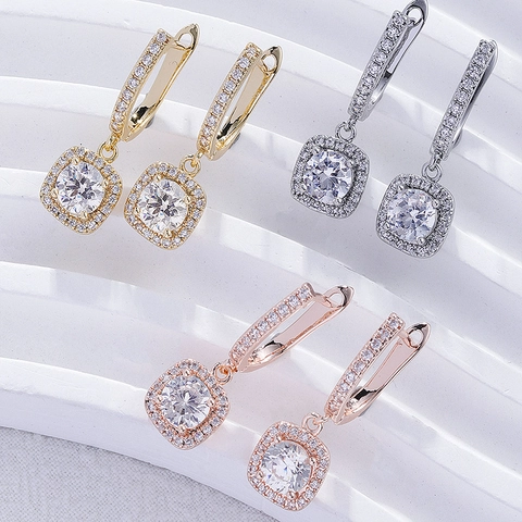 Boucles d'Oreilles Pendantes en Cuivre Élégantes Halo Carré Zirconia Incrusté Dormeuse Plaqué Or Argent Rose Bijoux Mode Femmes