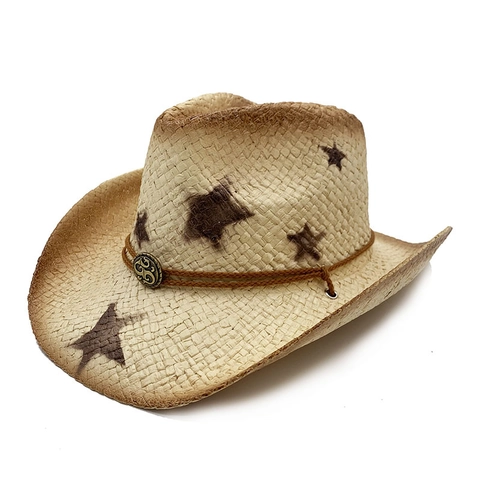 Western Cowboy Strohhut Sommer Wide Brim Sonnenschutzhut Mit Sternmuster Metallschnalle Und Verstellbarem Winddichtem Seil