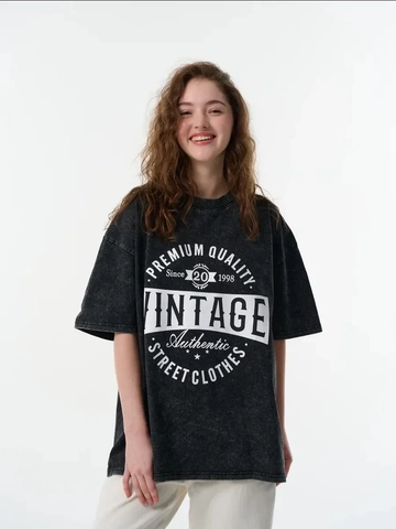 Vintage Gewassen Puur Katoenen T-Shirt Oversized Drop Shoulder Ronde Hals Distressed Letter Print American Streetwear Vrouwen