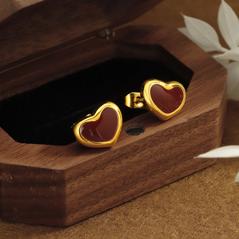 Titanium Steel Heart Stud Earrings With Wine Red Drip Oil Glaze Gold Plated Frame Korean Style Jewelry For Women Daily Accessory