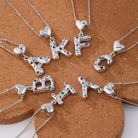 Copper Colorful Zirconia Alphabet Pendant Silver Heart Initial A-Z Necklace For Women Trendy Jewelry Gift For Wedding Party