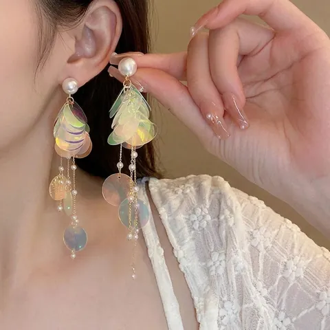 Pendientes Largos De Borla Con Lentejuelas Holográficas Perla Artificial Y Poste De Plata De Ley 925 Joyas Dulces Para Mujeres