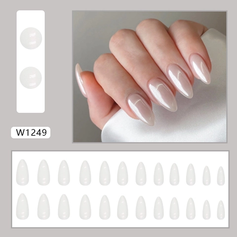 Aurora White Artificial Pearl Press On Nails Αμυγδαλωτό Σχήμα Γυαλιστερό Κομψό Επαναχρησιμοποιήσιμα Τεχνητά Νύχια