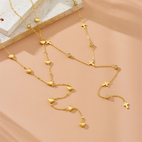 Collana Lariat A Forma Di Y In Acciaio Inossidabile Placcato Oro Pendente Cuore Fiore Farfalla Croce Zircone Gioielli Minimalisti