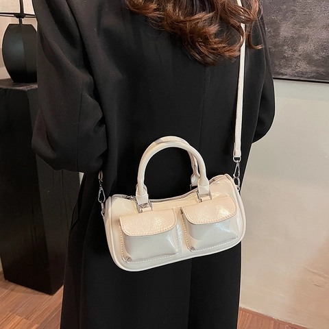 Retro Damen Glänzendes PU Leder Boston Handtasche Mit Doppelten Fronttaschen Umhängetasche Reißverschluss