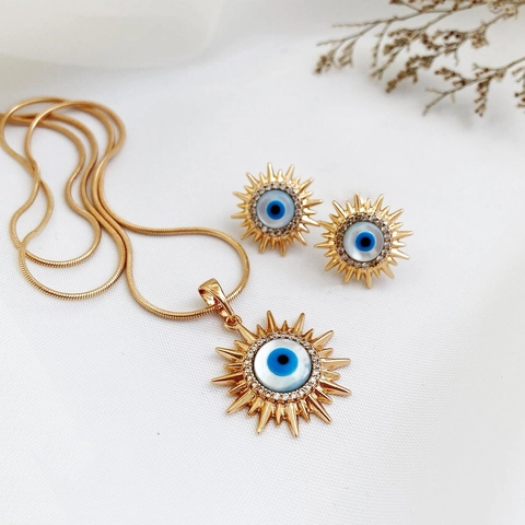 Sunburst Sun Evil Eye Necklace And Earrings Alloy Rhinestone Bohemian Vintage Fashion Women Gold Tone