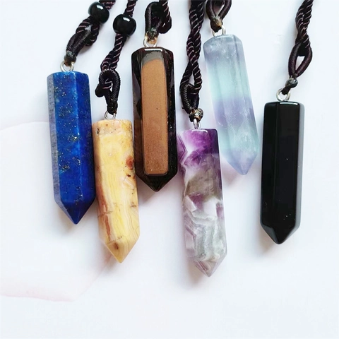 Collar Con Colgante De Cristal De Piedra Natural En Forma De Columna Hexagonal Con Cordón Trenzado A Mano