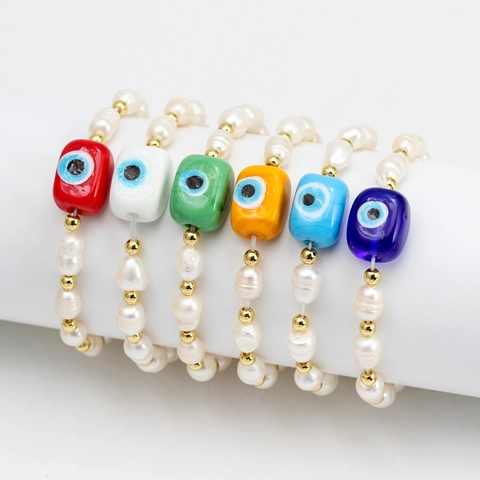Evil Eye Bracelet With Freshwater Pearls And Gold Beads Colorful Square Glass Lucky Charm For Women