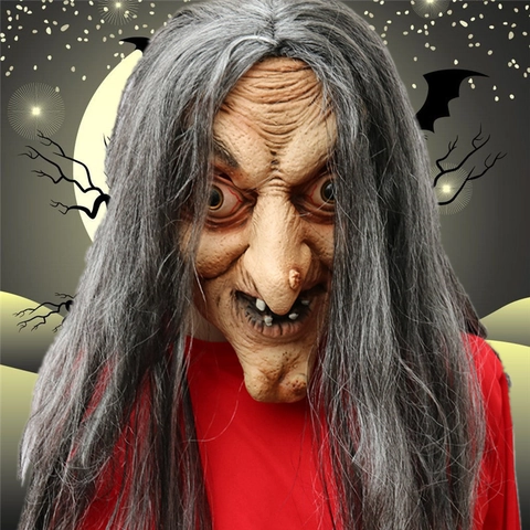 Horror Hexenmaske Mit Grauen Haaren Latex Gruselige Alte Frau Kopfbedeckung Für Halloween Cosplay Party Spukhaus Requisiten