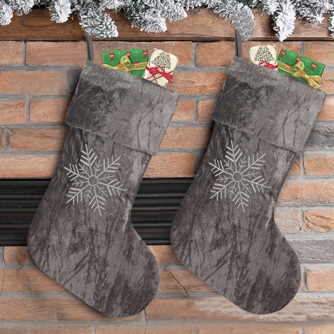 Christmas Stocking Velvet Snowflake Embroidery Large Grey Fireplace Hanging Christmas Tree Decoration Nordic Style