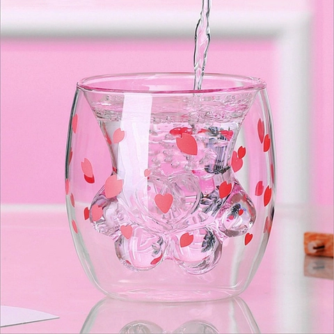 Tasse En Verre À Double Paroi Patte De Chat Borosilicate Isolé Motifs De Fleurs De Cerisier Mignonne Pour Café Lait Cadeau