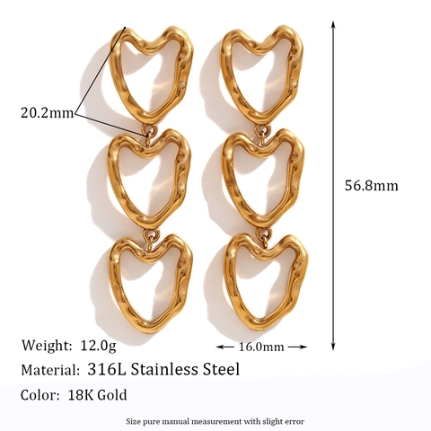 Holle Hart Hangoorbellen 18K Verguld 316L Roestvrij Staal Vloeibaar Metaal Textuur Elegante Sieraden Voor Dames