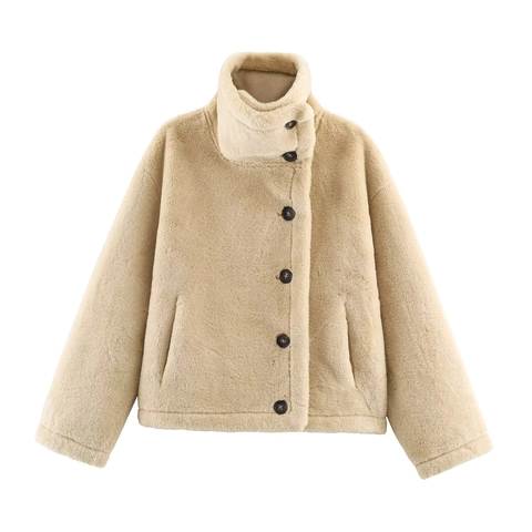Veste Réversible Femme Faux Daim Mouton Col Montant Chaud Hiver Extérieur Style Vintage Bouton Décontracté