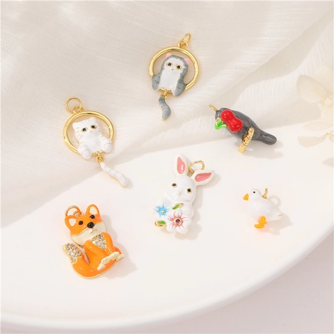 Animal Charms Enamel Alloy Drip Oil Cartoon Cat Rabbit Fox Bird DIY Jewelry Making Pendants Accessories Cute