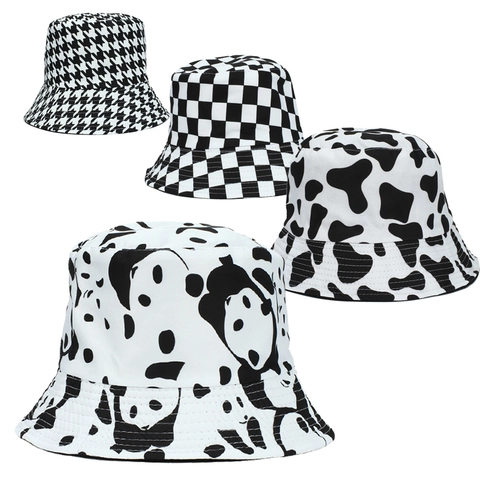 Women Bucket Hat Polyester Cotton Sun Protection Summer Travel Checkerboard Houndstooth Panda Cow Print Fisherman Cap