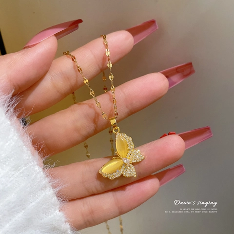 Vlinder Hanger Ketting Roestvrijstalen Ketting Koper Katteoog En Zirkoon Luxe Vergulde Trendy Sieraden Voor Dames
