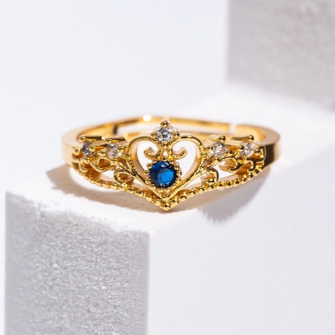 Kronenring Kupfer Vergoldet Blauer Zirkon Verstellbar Offenes Design Modeschmuck Für Frauen Hochzeitsgeschenk