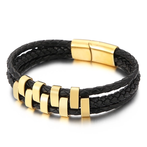 Men Multi Layer Woven Leather Bracelet With Stainless Steel Magnetic Buckle Geometric Punk Fashion Jewelry Gift