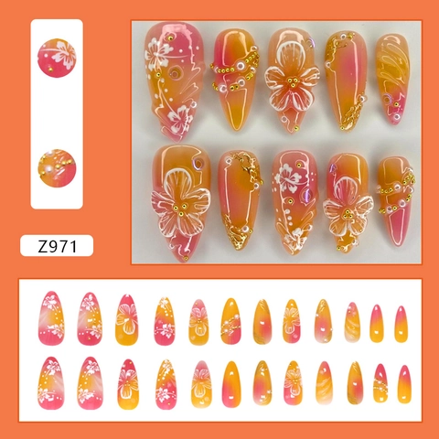 Uñas Postizas Ombre Rosa Naranja Con Flor Blanca 3D Perla Artificial Papel De Oro Larga Forma De Almendra Desmontable Manicura DIY Mujer