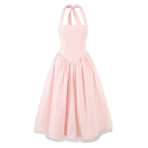 Robe Midi Dos Nu Style Rétro Polyester Coton Bordure En Tulle Dos Nu Lacé Ligne A Vintage Femmes