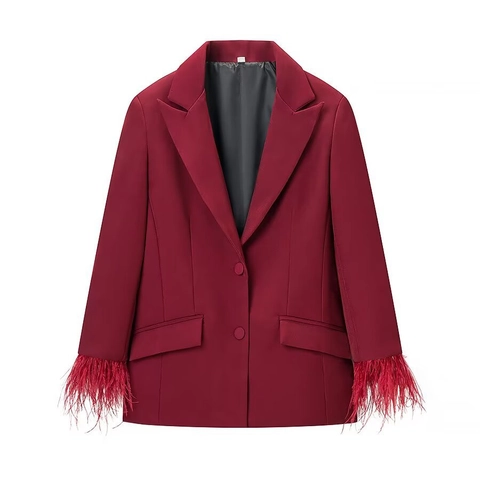 Blazer E Pantaloni Da Donna Poliestere Polsini In Piume Tinta Unita Vestibilità Aderente Vita Alta Streetwear Elegante